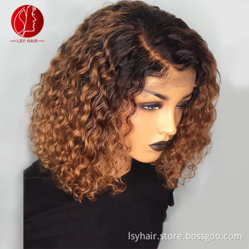 Lsy Ombre Color 1B30 1B99J Short Curly Wig Water Wave 150 Density Human Hair Lace Front Wigs Curly Hair Bob Wigs